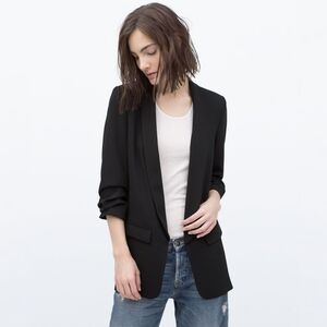 Zara Black Ruched 3/4 Quarter Sleeve Relaxed Tuxedo Blazer Women's Small